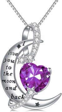 wholesale 925 Sterling Silver Birthstone Love You to the Moon Heart Necklace-02-February-Amethyst