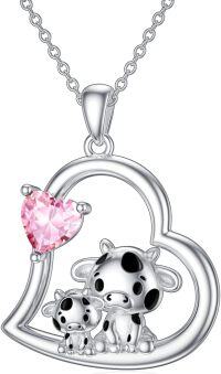 wholesale Sterling Silver Stone Cute Animal Pendant Necklace for Couples Sister Daughter Mother Birthday Gift-05-10-Cow-October