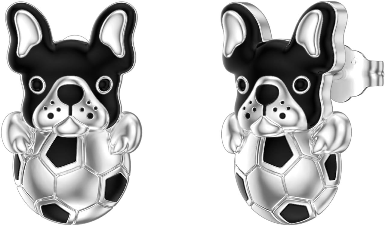 Sterling Silver Skull Stud Earrings with Lotus Hummingbird Squirrel Cow Gift for Women Men-Soccer Dogs