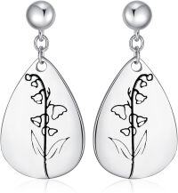wholesale Sterling Silver Floral Teardrop Earrings w Birth Flower Engraved Gift for Women-5-May-Lily of the Valley