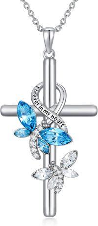 wholesale 925 Sterling Silver Blue Crystal Butterfly Cross Pendant Necklaces for Women Christian Gifts Religious Jewelry Mom Daughter Present-Dragonfly