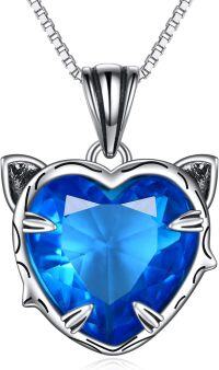 wholesale 925 Sterling Silver Blue Topaz Heart-Shaped Cat Pendant Necklace for Women-A- Blue Topaz Cat