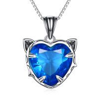 wholesale 925 Sterling Silver Cat Heart Pendant Necklace-A- Blue Topaz Cat