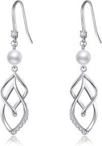 wholesale 925 Sterling Silver Leaf Design with White Pearl Drop Dangle Earrings for Women - Valentines & Mothers Day Gifts-Pearl Earrings