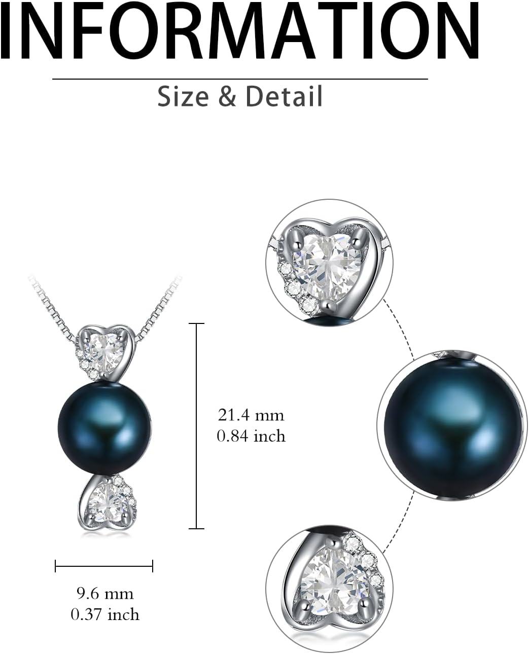 Silver 925 Sterling Silver with White Gold Plated and Black Pearl Heart Pendant Necklace for Women-0-4