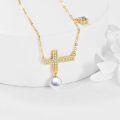 wholesale 925 Sterling Silver Plated 18k Yellow Gold Pearl & Cubic Zirconia Cross Pendant Necklace for Women-0-2