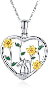 wholesale 925 Sterling Silver Heart-Shaped Cat & Sunflowers Pendant Necklace for Women and Girls-B-Sunflower Cat Necklace