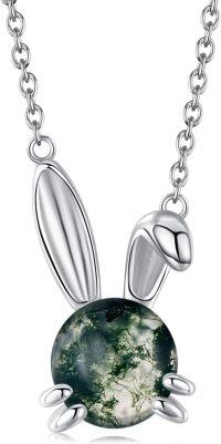 wholesale 925 Sterling Silver Green Moss Agate Bunny Pendant Necklace for Women and Girls-Moss Agate