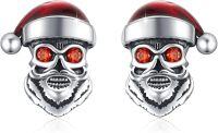 wholesale 925 Sterling Silver Santa Claus Skull Stud Earrings with Red and Green Stones - Gothic Punk Style Gift for Women Men-Red