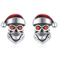 wholesale 925 Sterling Silver Santa Claus Skull Stud Earrings with Red and Green Stones - Gothic Punk Style Gift for Women Men-Red