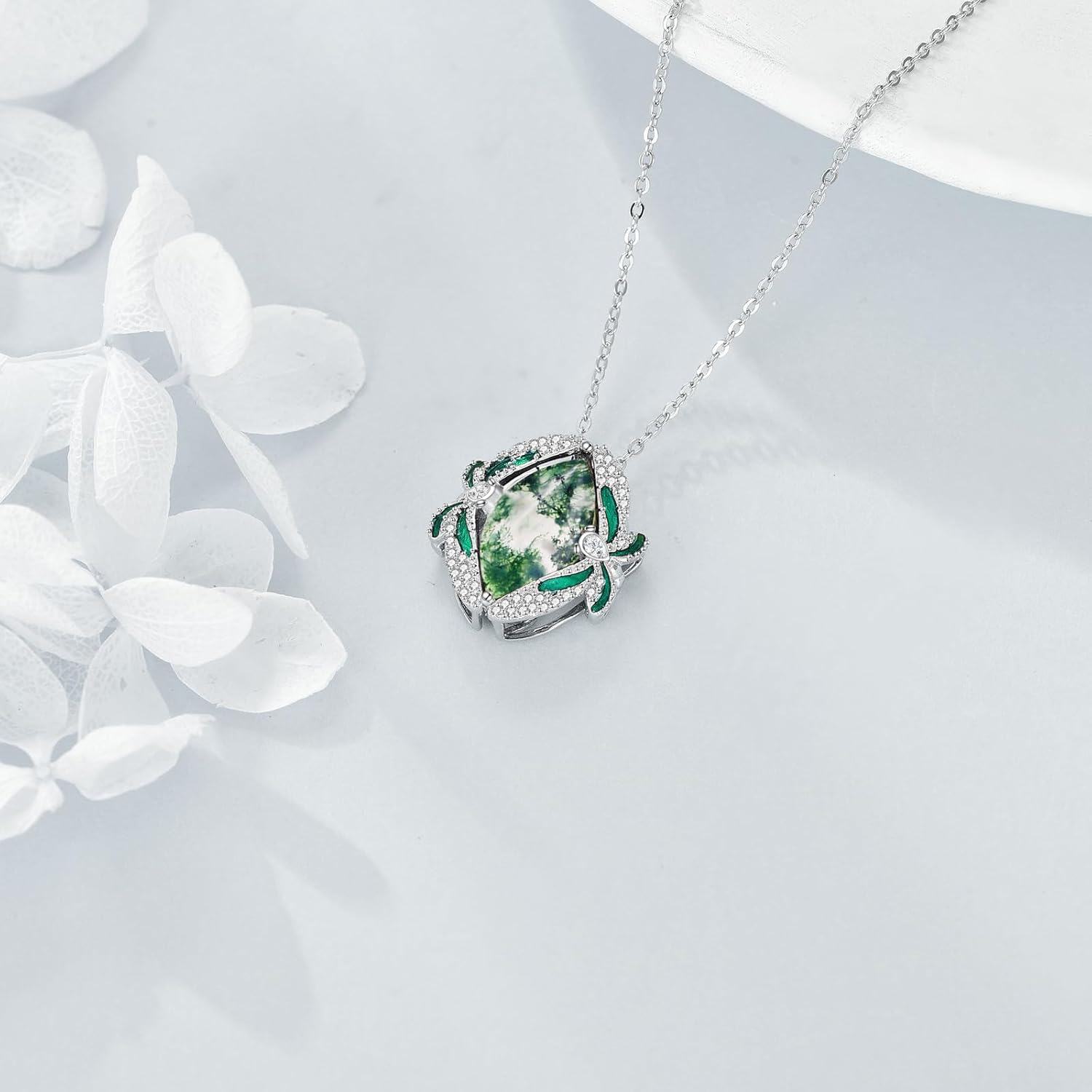 wholesale 925 Sterling Silver Green Moss Agate Dragonfly Pendant Necklace for Women s-0-3