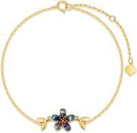 wholesale 14K Gold Iridescent Purple & Blue Enamel Flower and Leaves Charm Bracelet for Women - Adjustable Length (7-8 inches) Perfect Xmas Gift for Her-14k real gold