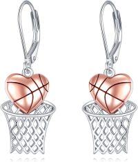 wholesale 925 Sterling Silver Basketball Heart Leverback Dangle Earrings Sporty Gift for Her-Basketball