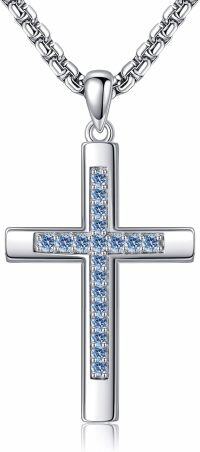 wholesale 925 Sterling Silver Birthstone Cross Necklace for Women Men-03-Mar-Aquamarine