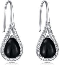 wholesale 925 Sterling Silver Moonstone Lapis Larimar Peridot Onyx Opal Nordic Floral Teardrop Earrings-Black onyx earrings