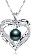 wholesale 925 Sterling Silver & White Gold Plated Black Freshwater Pearl Double Heart Pendant Necklace-0-0