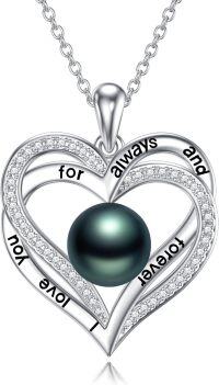 wholesale 925 Sterling Silver & White Gold Plated Black Freshwater Pearl Double Heart Pendant Necklace-I Love You for Always and Forever