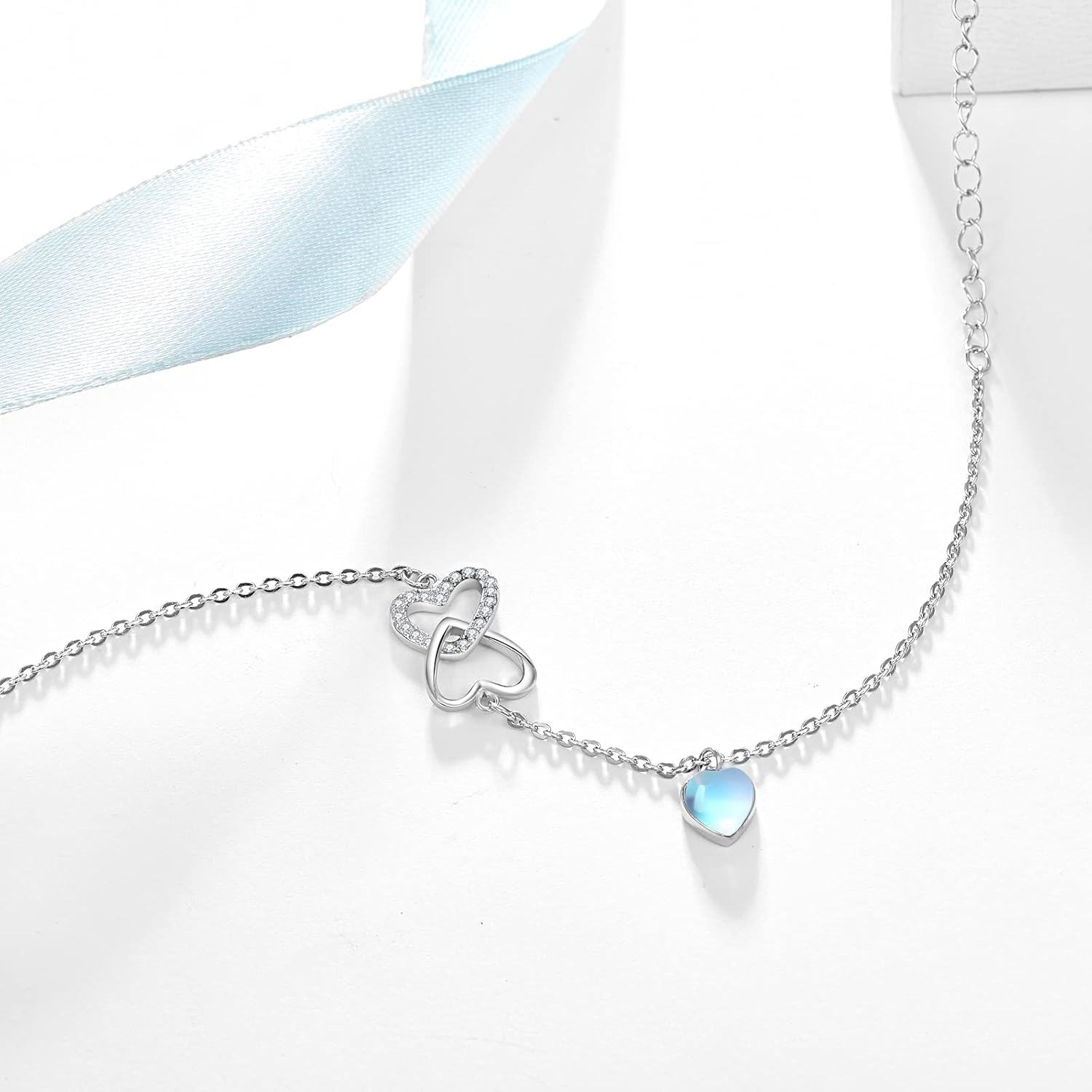 wholesale 925 Sterling Silver Double Heart Moonstone Charm Bracelet for Women-0-1