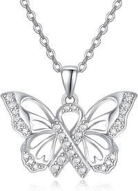 wholesale 925 Sterling Silver Butterfly Pendant Necklace with Cubic Zirconia Stones - PTSD Awareness Inspiring s for Women-White-Lung Cancer