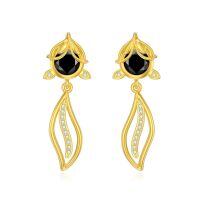 wholesale Gold 925 Sterling Silver Black Stone Leaf Design Dangle Earrings for Women-Fox