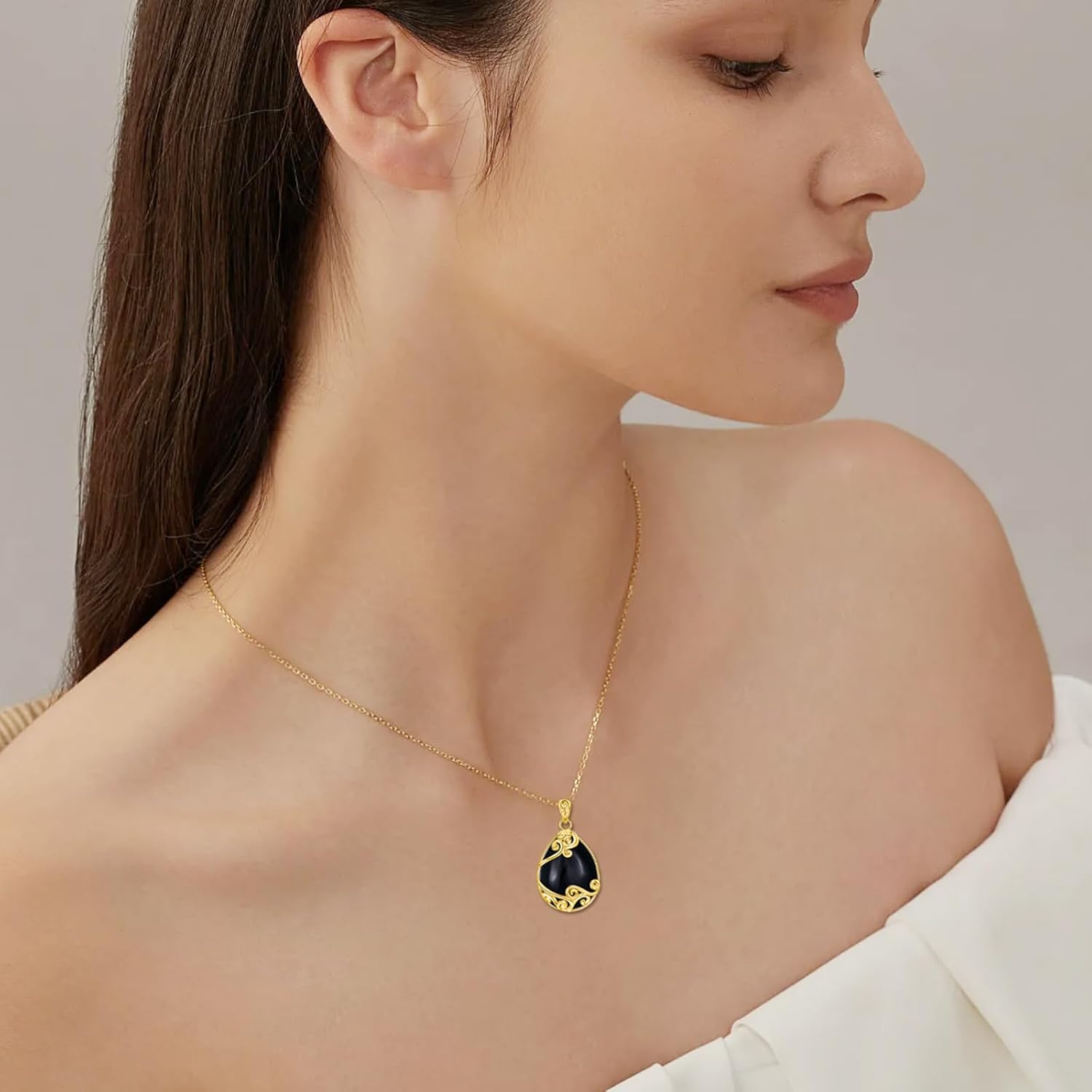 wholesale Gold-Plated 925 Sterling Silver Black Onyx Bohemian Teardrop Pendant Necklace-0-1