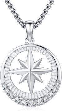 wholesale 925 Sterling Silver  Compass Star Pendant Necklace with Cubic Zirconia Accents-6-CZ Compass Necklace