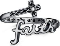 wholesale 925 Sterling Silver Faith Cross Adjustable Ring with Engraved All Things Are Possible Christian Spoon Rings for Women Daughter Friend-Black