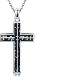 wholesale 925 Sterling Silver Black Opal Inlay Faith Cross Pendant Necklace Christian Jewelry for Women-Cross