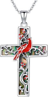 wholesale Sterling Silver Abalone Shell Cross Necklace Christian Gift for Women-Red Cardinal