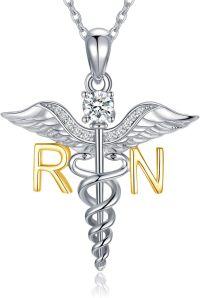 wholesale 925 Sterling Silver Caduceus Angel Wings RN Crystal Nurse Pendant Necklace-Gold RN Necklace