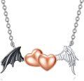 wholesale 925 Sterling Silver Double Rose Gold Hearts with Black Bat Wing and White Angel Wing Charm Necklaces Gifts for Women-0-0