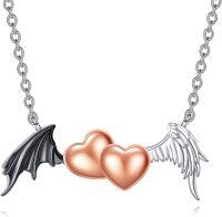 wholesale 925 Sterling Silver Double Rose Gold Hearts with Black Bat Wing and White Angel Wing Charm Necklaces Gifts for Women-B-Angels And Demons