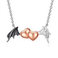 wholesale 925 Sterling Silver Double Rose Gold Hearts with Black Bat Wing and White Angel Wing Charm Necklaces Gifts for Women-B-Angels And Demons
