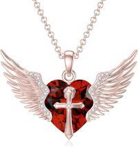 wholesale Sterling Silver Gold Angel Wings Necklace with Cross Birthstone Valentine s Gift-01-Jan-Garnet Rose Gold