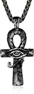 wholesale 925 Sterling Silver Ankh Eye of Horus Pendant with Black Cracked Stone on 24 Wheat Chain-0-0