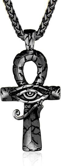 wholesale 925 Sterling Silver Ankh Eye of Horus Pendant with Black Cracked Stone on 24 Wheat Chain-Black