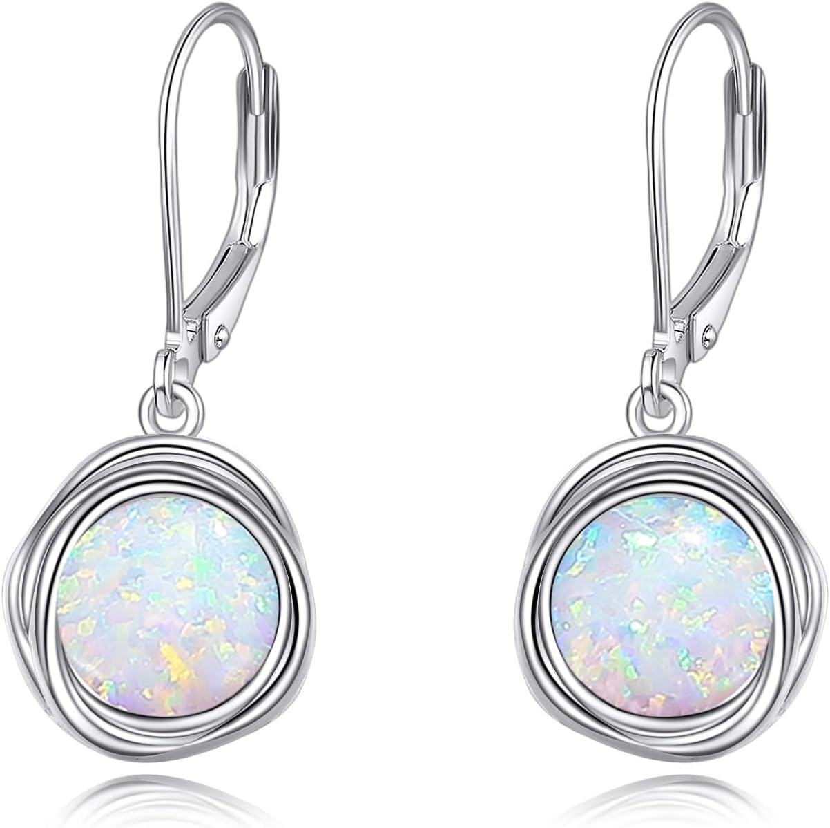 925 Sterling Silver Round White Fire Opal Leverback Drop Earrings 38mm-0-0