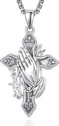 wholesale 925 Sterling Silver 925 Praying Hands Cross Pendant Necklace  for Men and Women - Gothic Religious Jewelry Baptism Gift-0-0