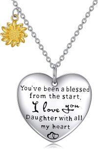 wholesale 925 Sterling Silver Heart Pendant with Gold Sunflower Charm and Message Daughter Necklace for Women's Gifts-Silver-Daughter Necklace