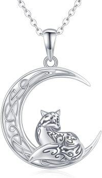 wholesale 925 Sterling Silver Fox in Crescent Moon Celtic Knot Pendant Necklaces - Hypoallergenic s for Men & Women-Silver