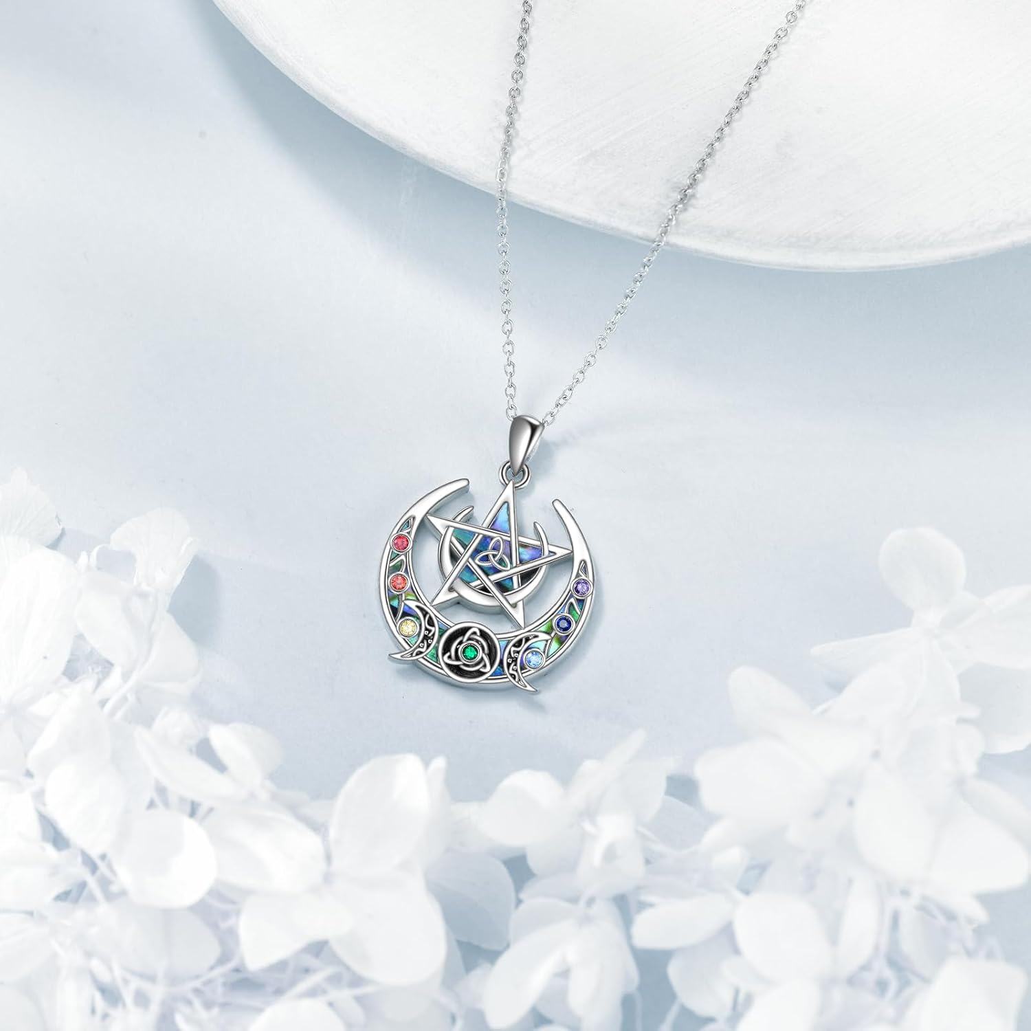 925 Sterling Silver Rainbow Moonstone Celtic Knot Pentagram Pendant Necklace for Women Girls-0-3