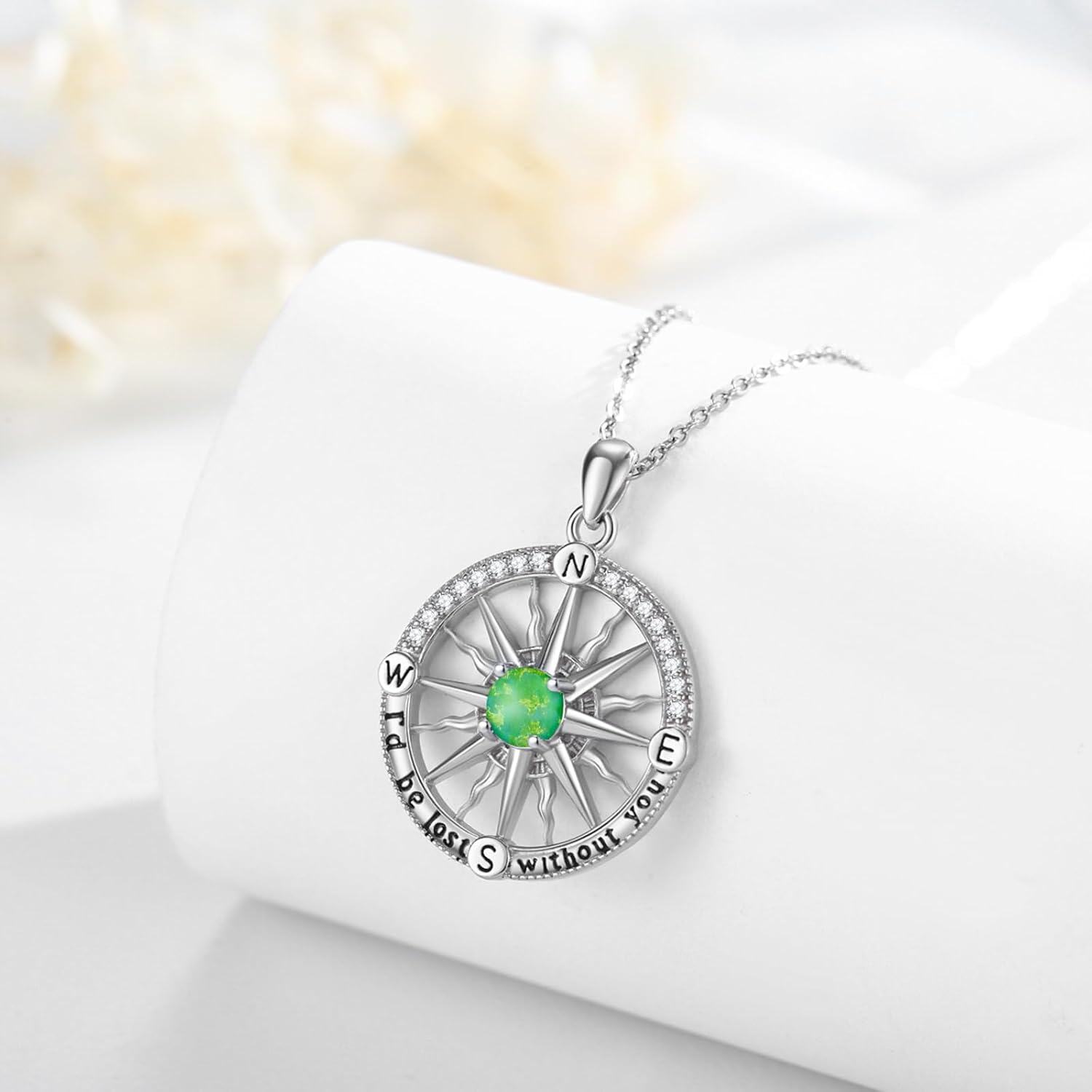 925 Sterling Silver Green Opal Compass Necklace I'd be lost without you Pendant Gift for Women-0-1