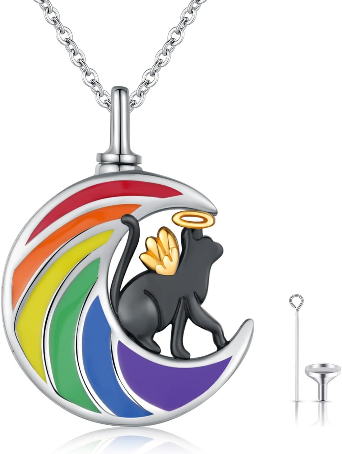 Sterling Silver Stone Pet Ashes Necklace for Women Men Dog Cat Cremation Jewelry-02-Rainbow cat