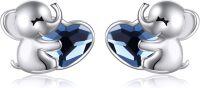 wholesale 925 Sterling Silver Elephant Heart Stud Earrings with Blue Crystal Accents-elephant
