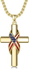 wholesale Gold 925 Sterling Silver American Flag Cross Pendant Necklace  for Men & Women - Protection Amulet Religious Gift w/ 24 Rolo Chain (Gift Included)-0-0