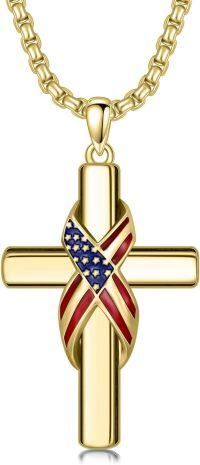 wholesale Gold 925 Sterling Silver American Flag Cross Pendant Necklace  for Men & Women - Protection Amulet Religious Gift w/ 24 Rolo Chain (Gift Included)-L-Patriot Cross(Gold)