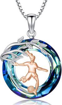 wholesale 925 Sterling Silver Blue Crystal Soccer Sports Music Necklace with Football Player Pendant for Women-Soccer