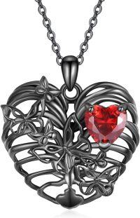 wholesale Black Rhodium Plated 925 Sterling Silver Heart Butterfly Red Crystal Pendant Necklace for Women-Rib Necklace