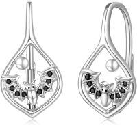 wholesale 925 Sterling Silver Black Cubic Zirconia Bat Leverback Drop Earrings 3D Animal Jewelry for Women Girls Gift Boxed-Bat