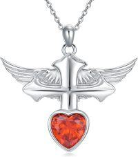 wholesale 925 Sterling Silver Red Crystal Heart Angel Wing Cross Guardian Angel Pendant Necklace Jewelry-Red